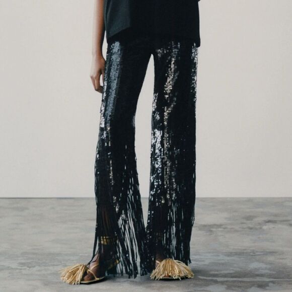 H&M Studio S/S 2021 Fringed Meshed Sequin Black Trousers Size 2 - Picture 11 of 11